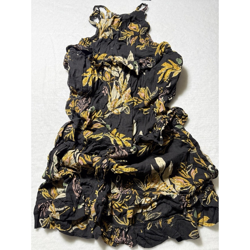 Free People Floral Ruffle Mini Dress Womens XS Black Boho Tiered Cold Shoulder